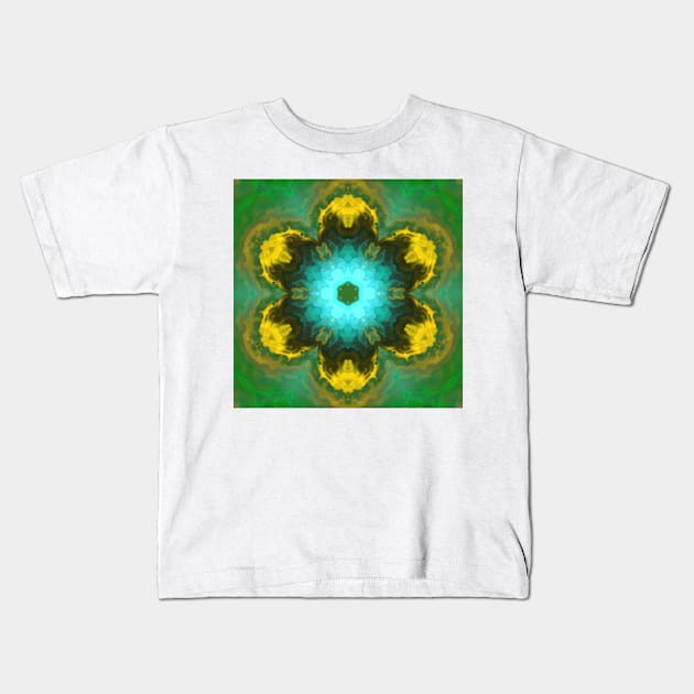 Psychedelic Hippie Flower Teal Yellow and Green Kids T-Shirt by WormholeOrbital